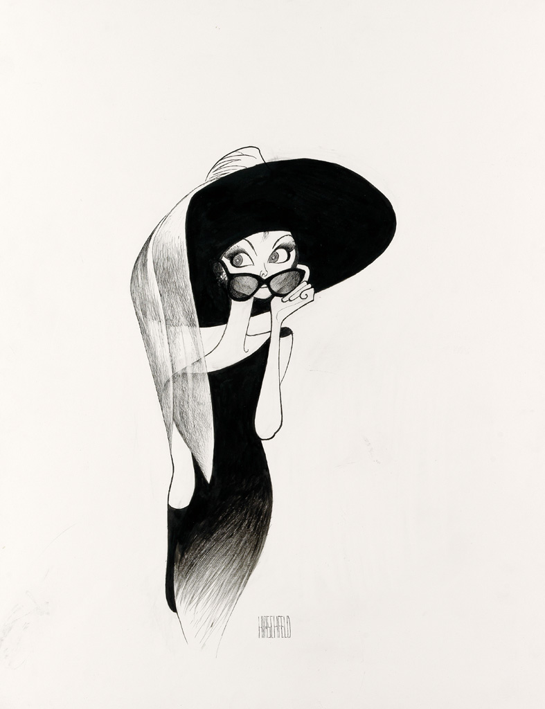 (FILM / CARICATURE.) AL HIRSCHFELD. Breakfast at Tiffanys, Audrey Hepburn with large hat and sunglasses.